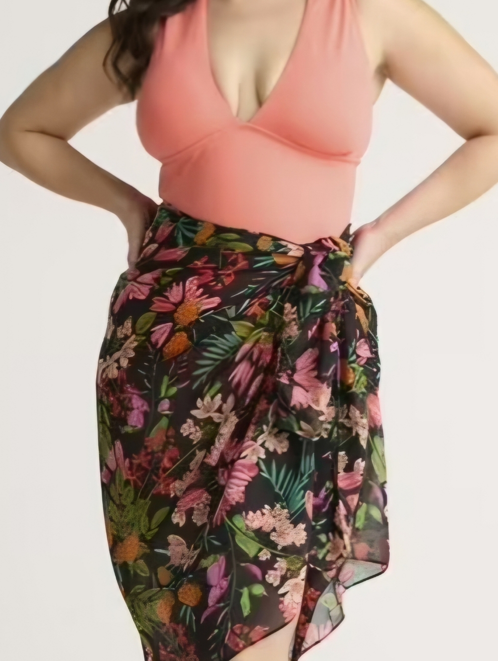 Time and Tru Coral V-Neck One-Piece Swimsuit with Floral Sarong